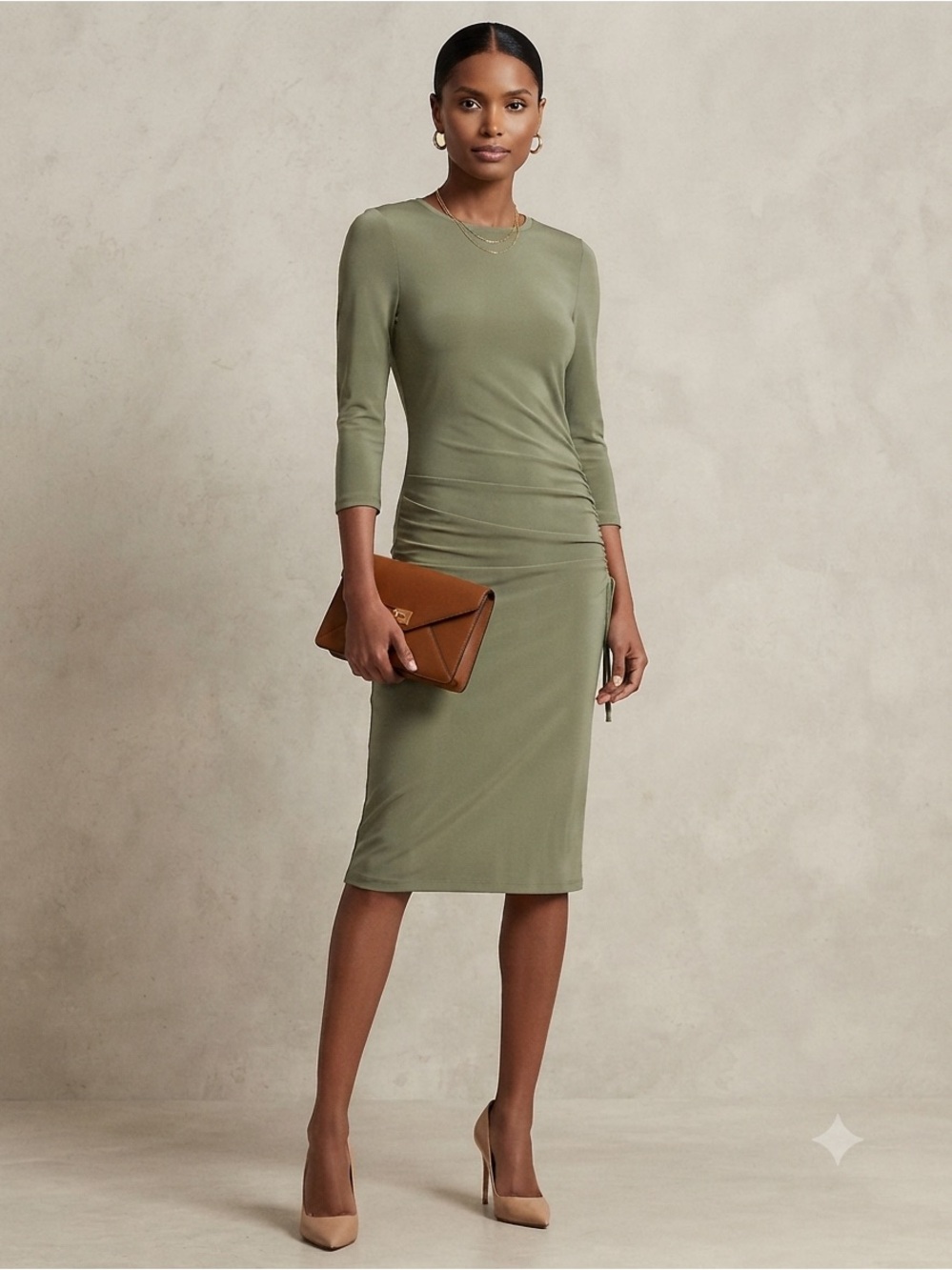 Banana Republic Olive Green Ruched Midi Sheath Dress Size M
